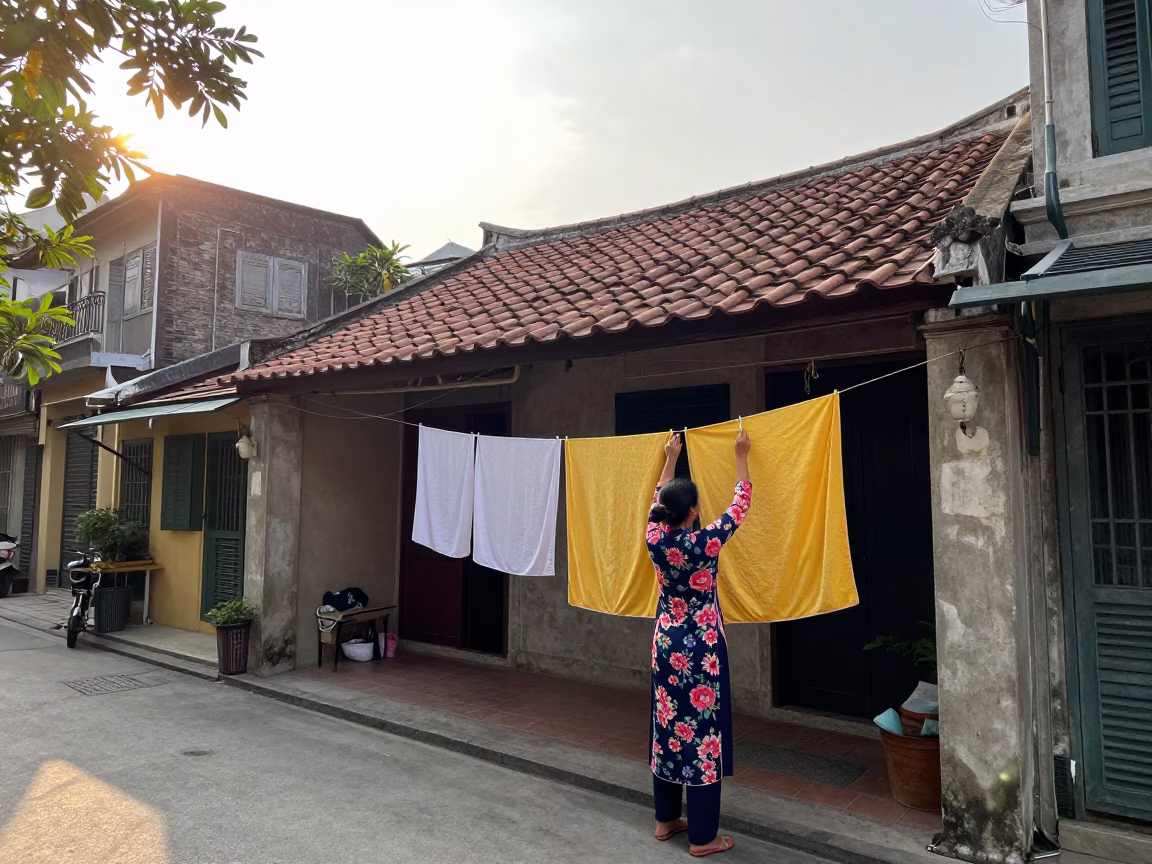 Morning Laundry and Street Life in Hanoi Vietnam After Sunrise in in Hanoi, Vietnam