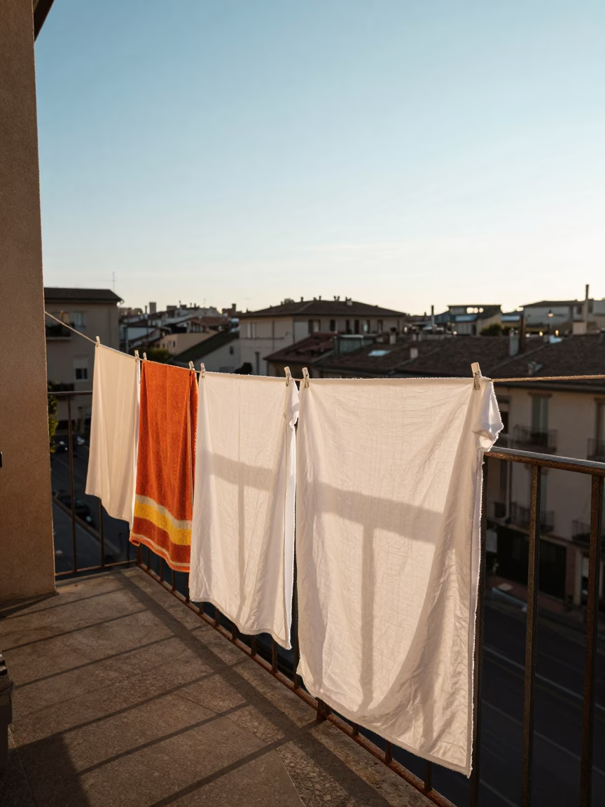 Morning Laundry Drying on Balcony with Milan Skyline in in Milan, Italy