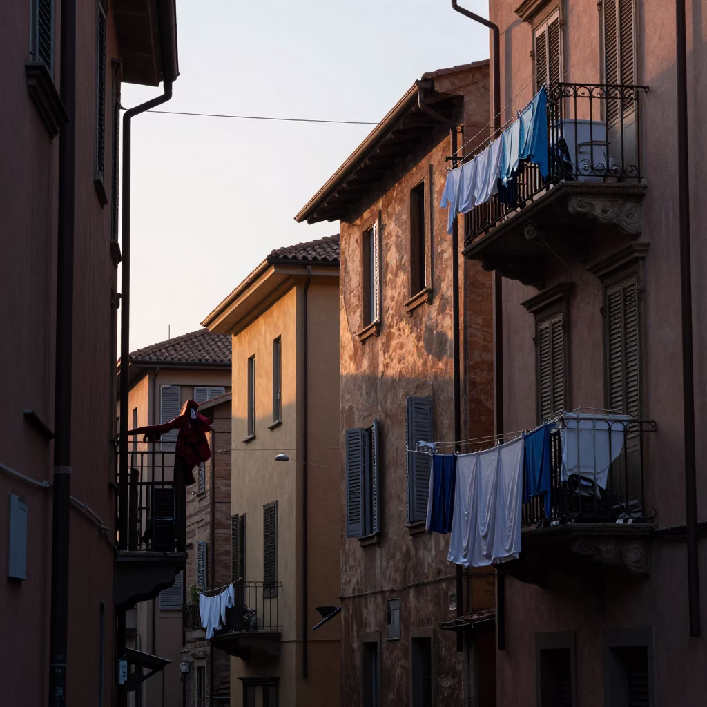 Morning Laundry Drying on Bologna Balconies Before Sunrise in Italy in in Bologna, Italy