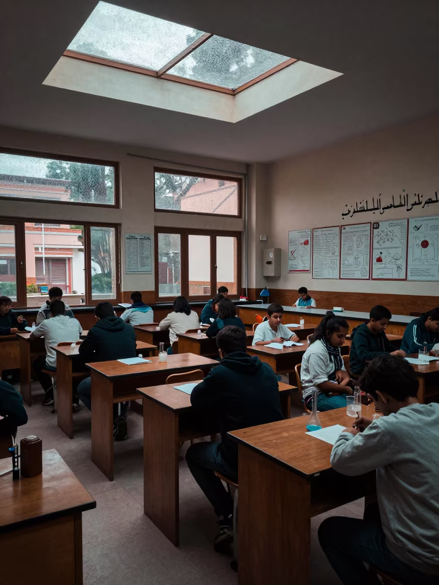 Morning Lecture Hall Filling Casablanca School Lab in in a school laboratory in Casablanca