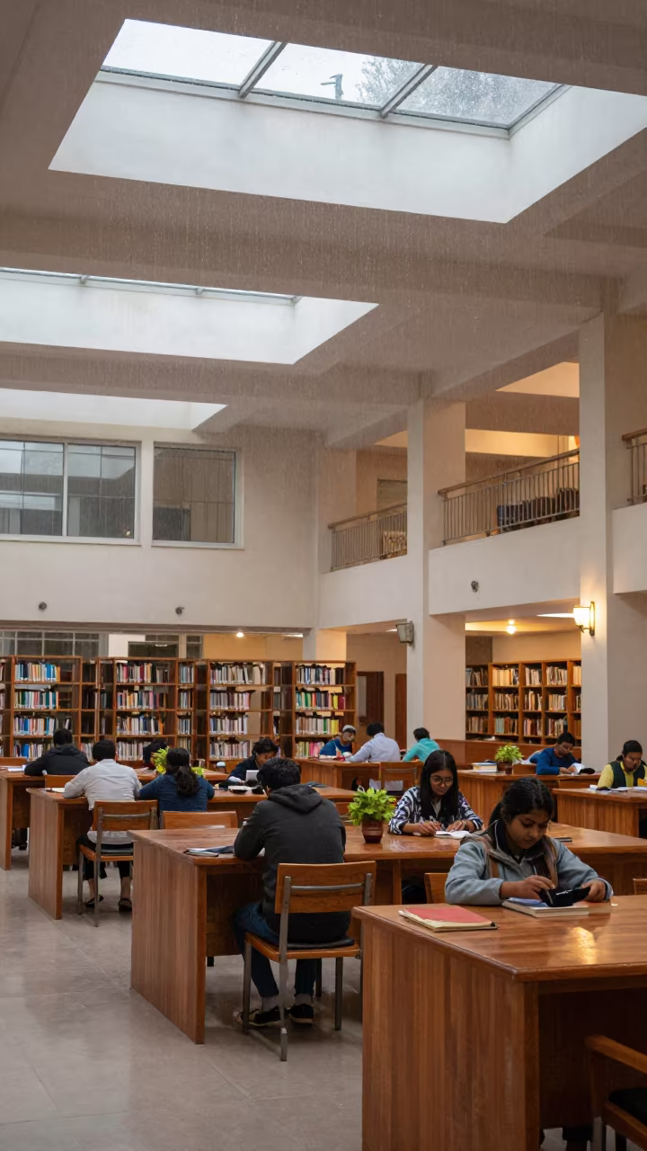 Morning Lecture Hall Jammu Library Rain Skylight in inside a campus library reading room in Jammu