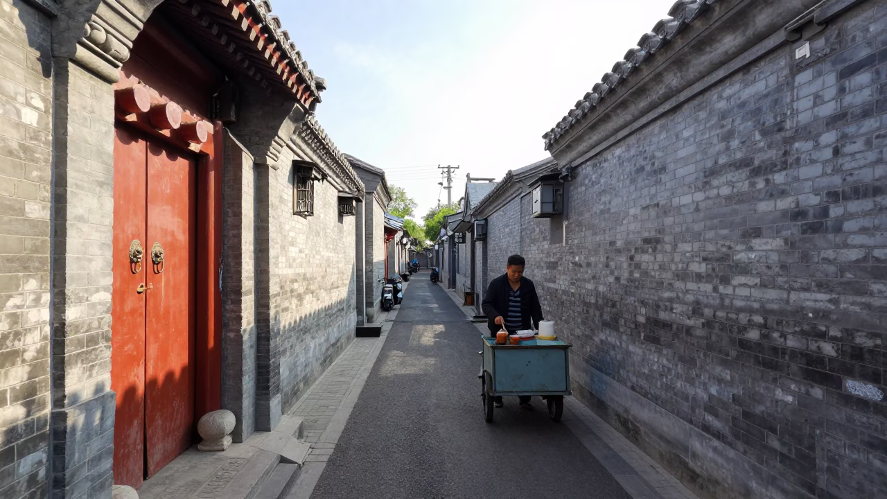 Morning Life in Beijing at Bright Midmorning Light in in Beijing, China