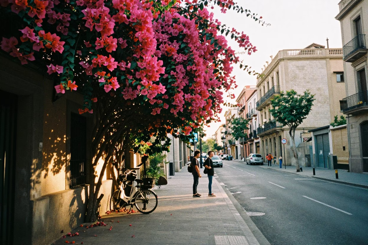 Morning Light and Bougainvillea on Barcelona Street with Travelers and Suitcases in in Barcelona, Spain