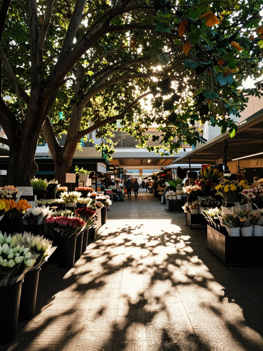 Morning Light and Ivy Shadows on Melbourne Flower Market Tiles in in Melbourne, Victoria, Australia