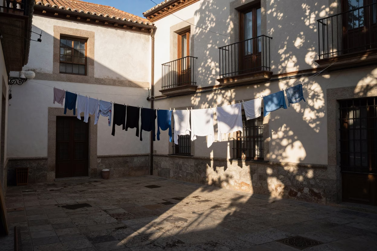 Morning Light and Laundry Lines in a Traditional Madrid Courtyard in in Madrid, Spain
