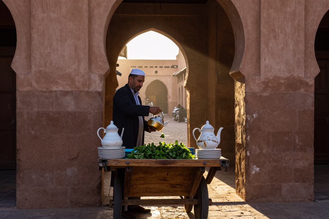 Morning Light at As First Light Reaches The Scene in Marrakech in in Marrakech, Morocco