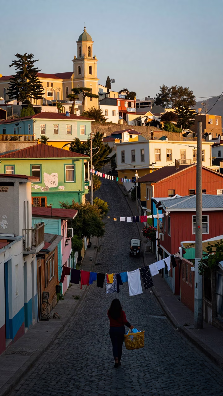 Morning Light at As First Light Reaches The Scene in Valparaiso in in Valparaiso, Chile