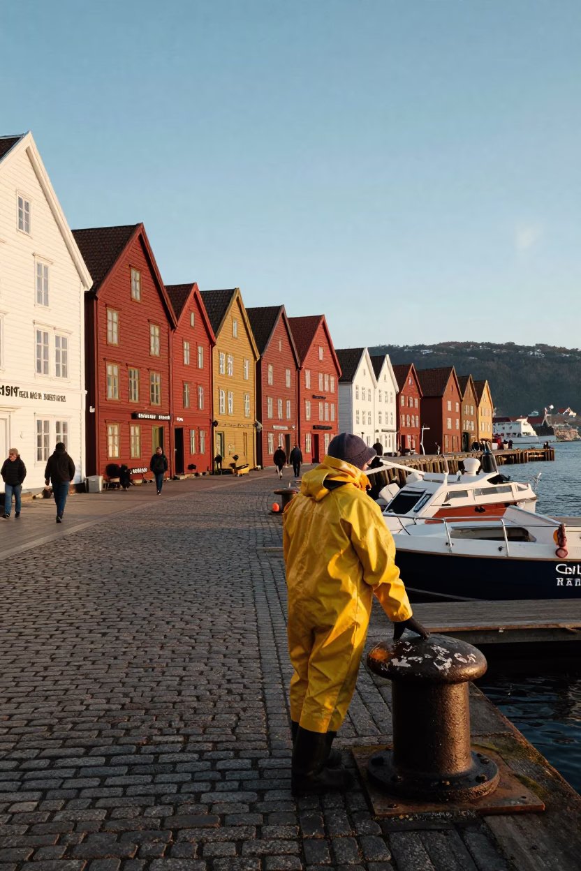 Morning Light at Bergen Wharf Capturing Local Life and Maritime Details in in Bergen, Norway