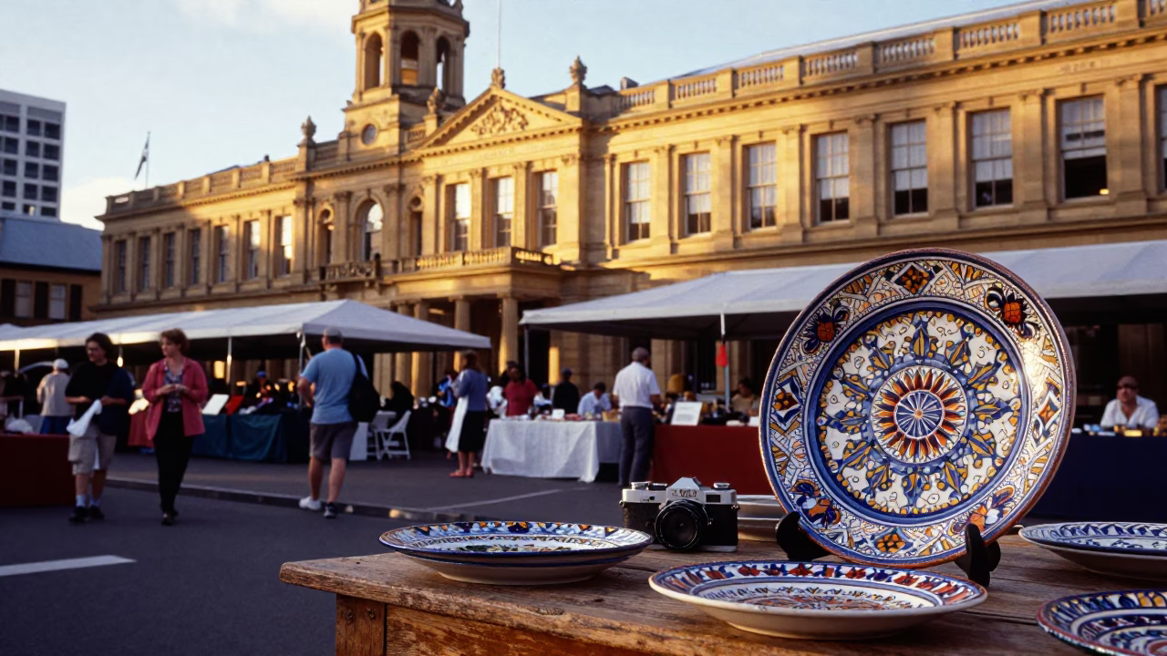 Morning Light at Salamanca Market Hobart Tasmania with Vintage Plates and Bookends in in Hobart, Tasmania, Australia
