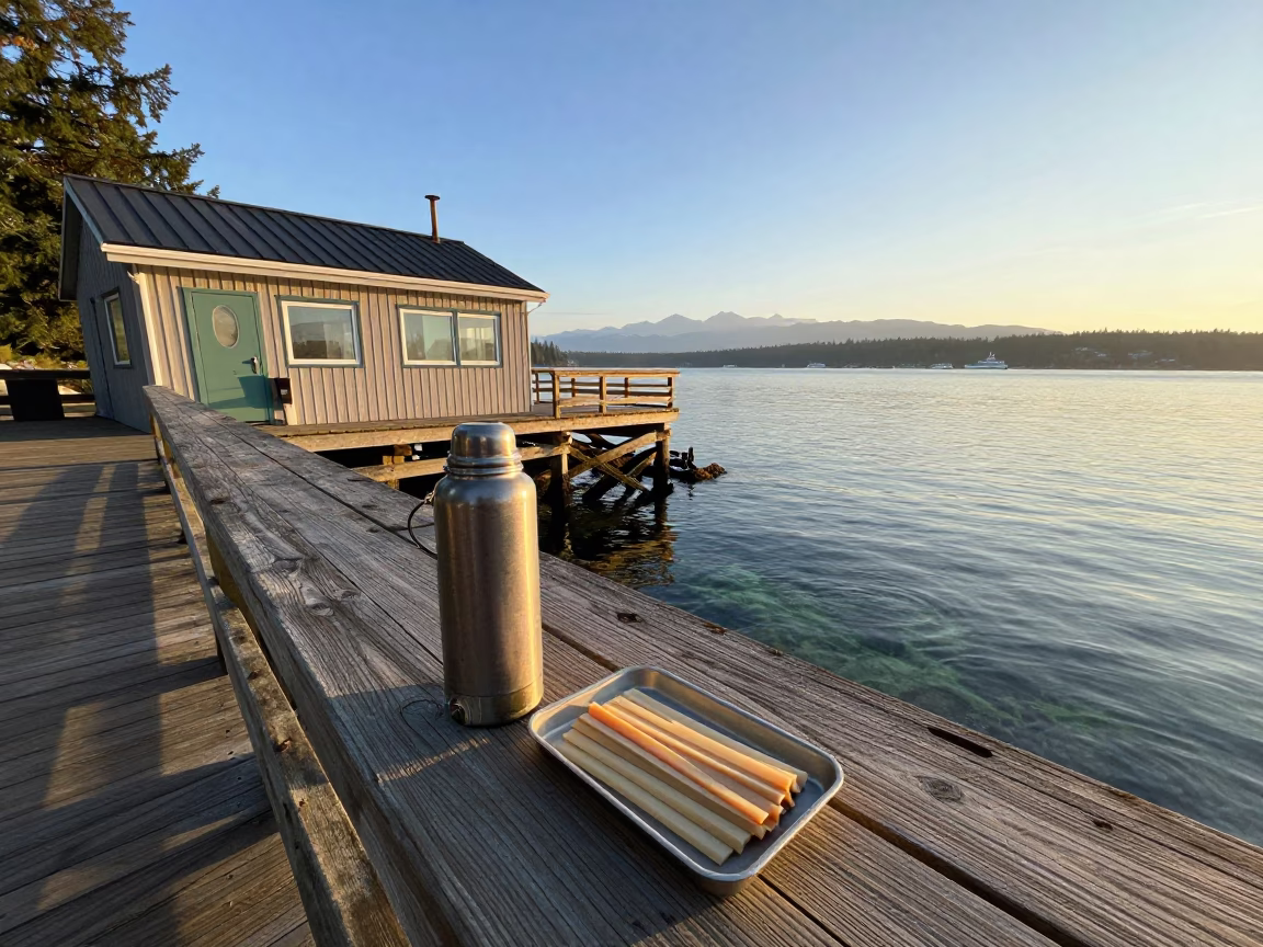 Morning Light at Stanley Park Marine Science Station with Thermos and Biltong in Vancouver in in Vancouver, British Columbia, Canada