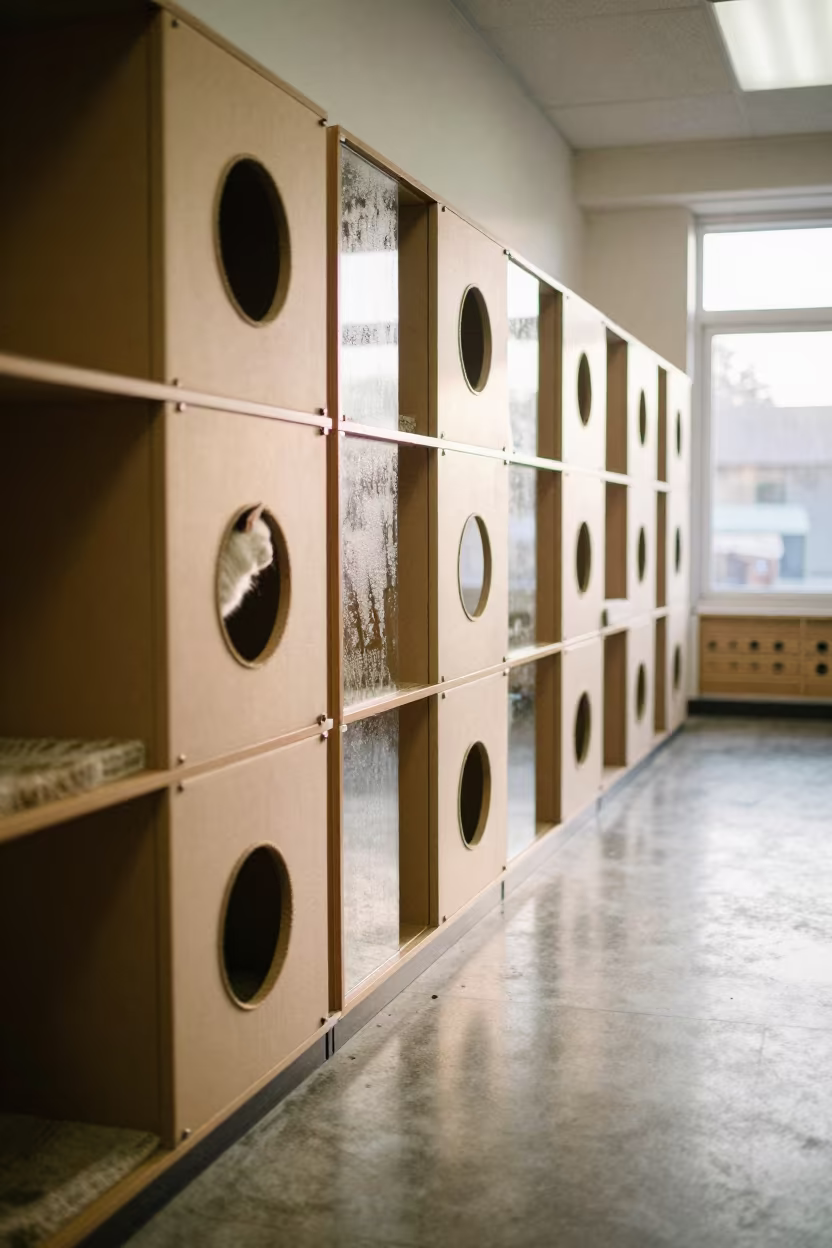 Morning Light on Cat Condo Wall in inside a pet store aisle near Brampton