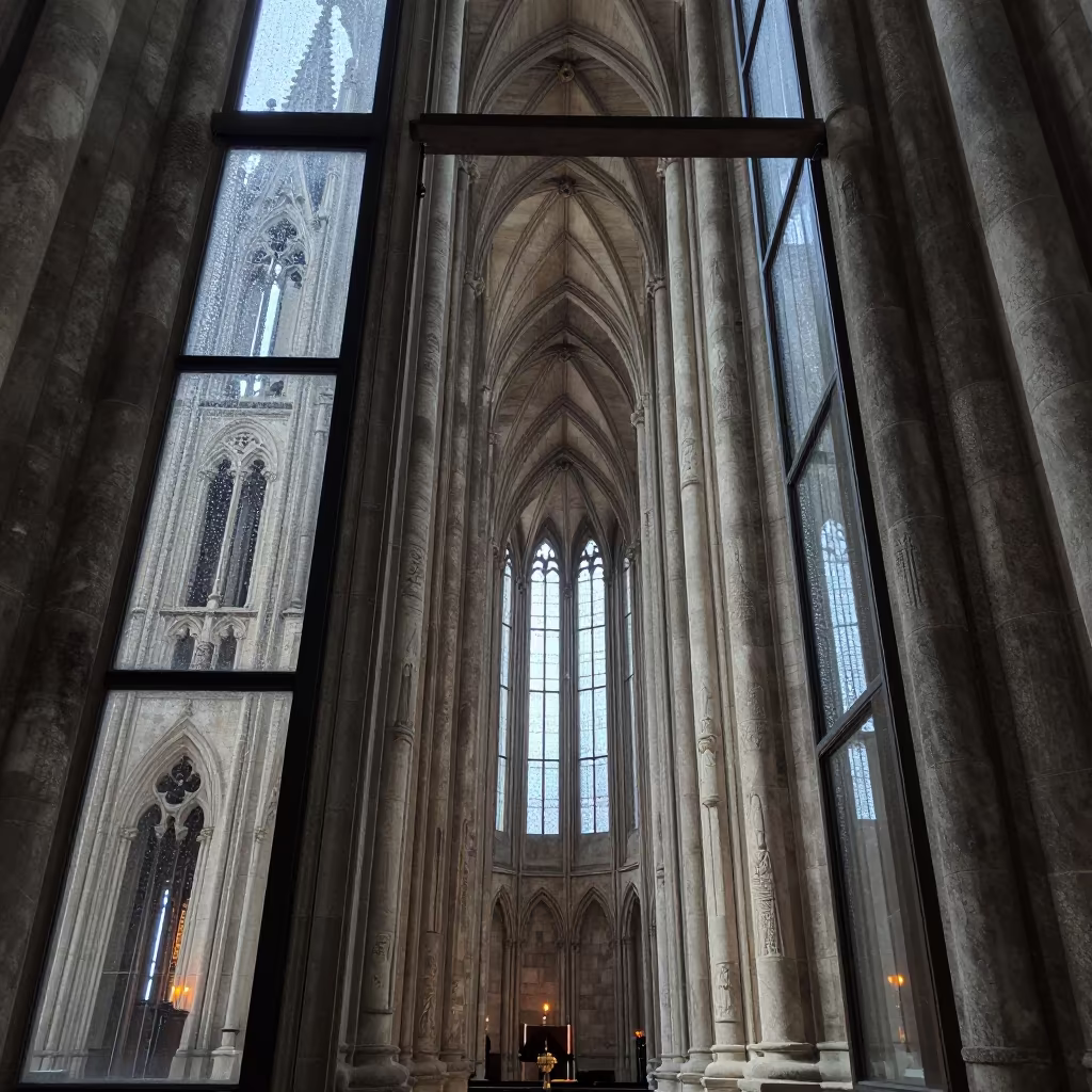 Morning Light on Cathedral Flying Buttress in Bata in inside a candlelit nave in Bata