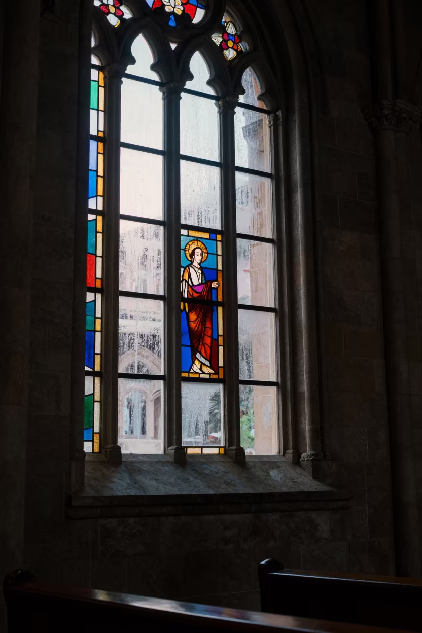 Morning Light on Cathedral Flying Buttress Maracay in in a chapel lit by stained glass in Maracay