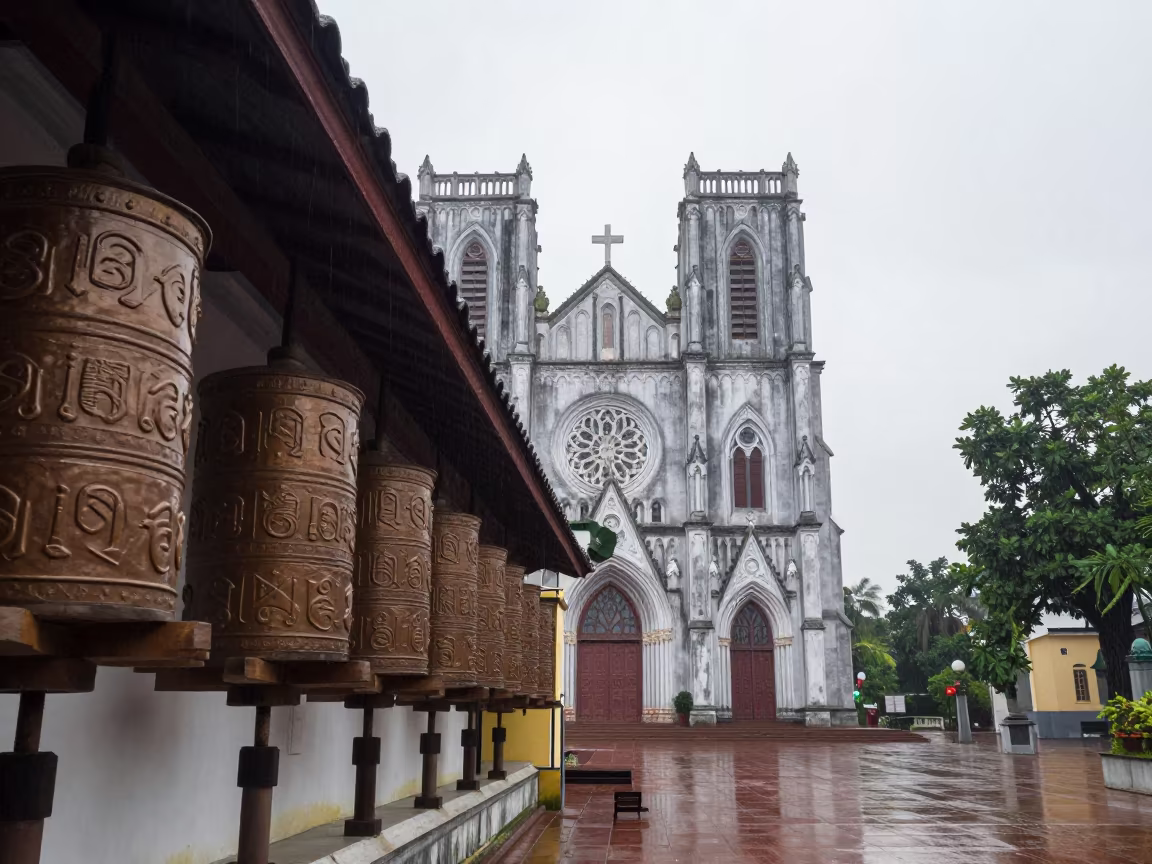 Morning Light on Cathedral Flying Buttress in beside a prayer wheel corridor in Can Tho