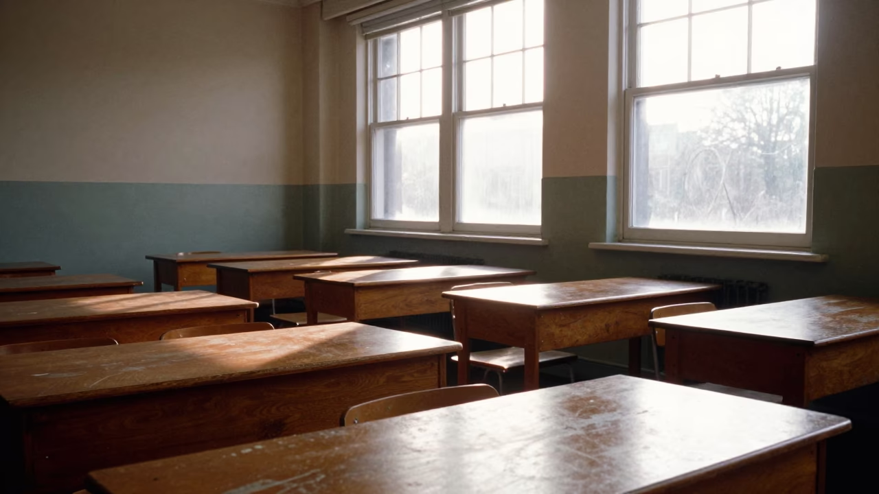 Morning light crosses worn desks in empty Bristol classroom after sunrise in in Bristol, United Kingdom