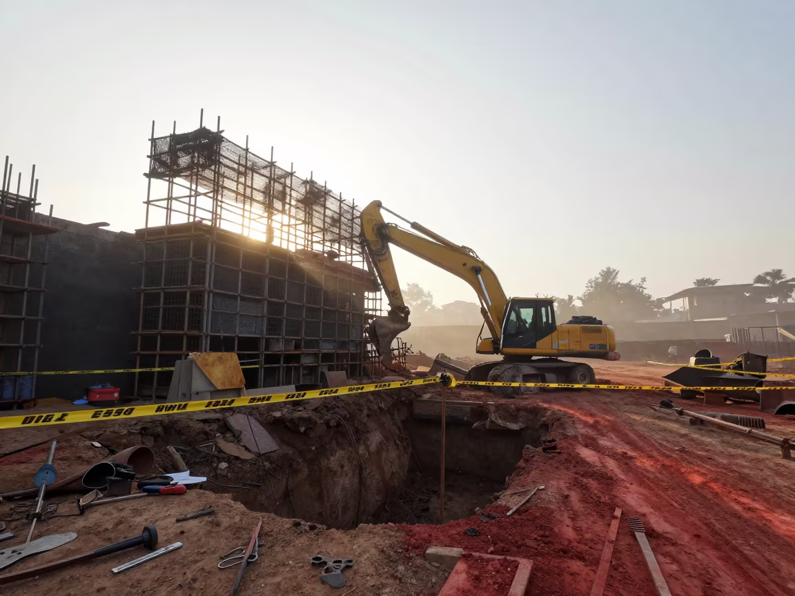 Morning Light on Demolition Chute Juba in inside a taped-off excavation edge near Juba