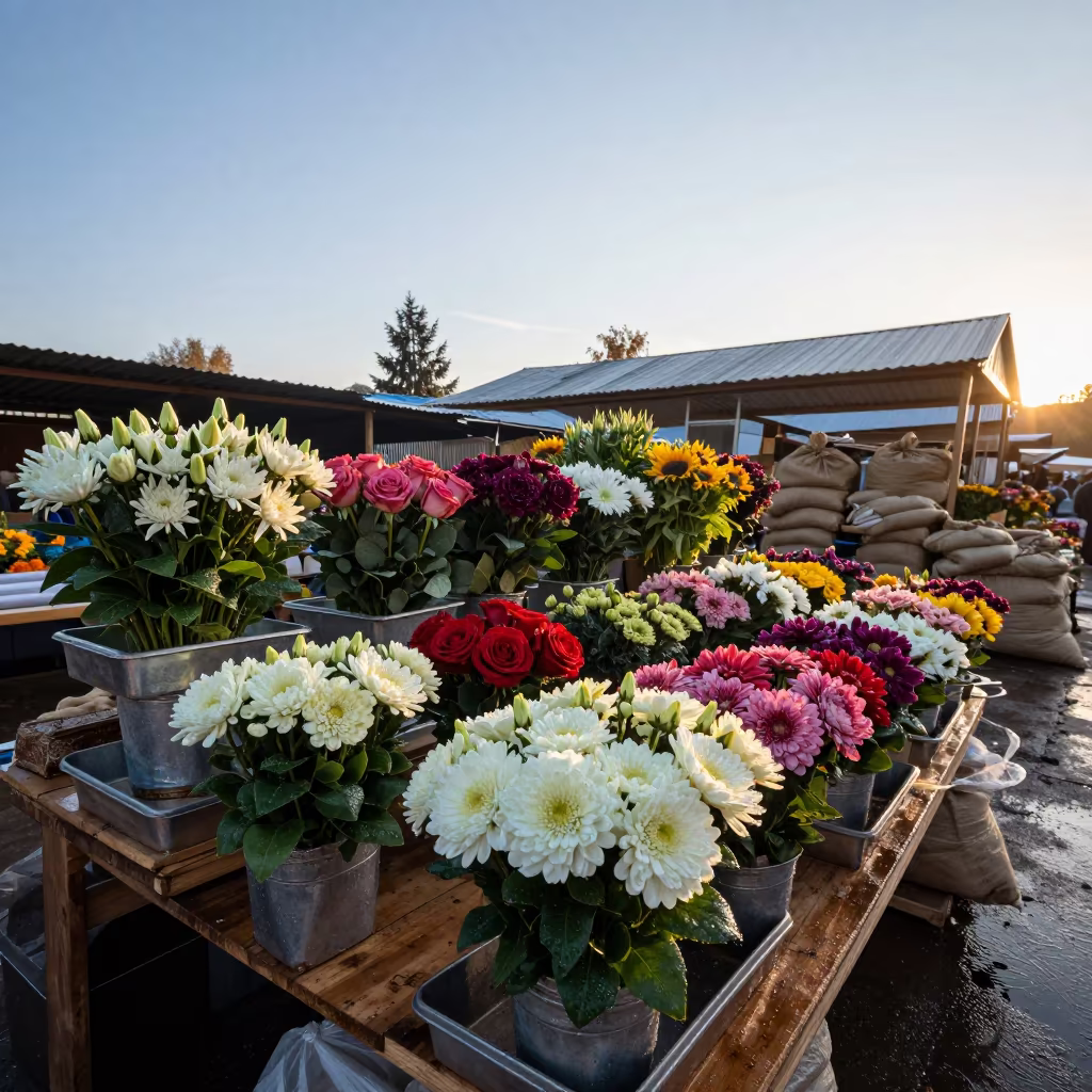 Morning Light on Flower Market Slabs Kokshetau in at a market stall in Kokshetau