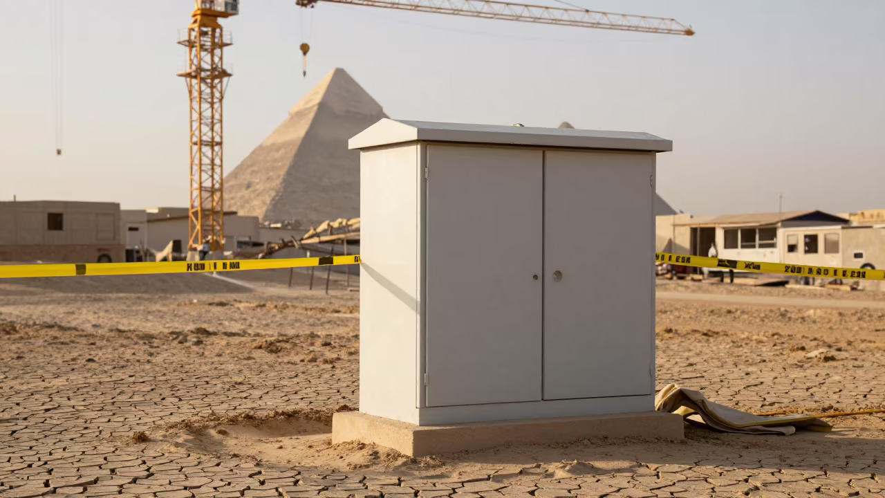 Morning Light on Giza Construction Power Box in beneath a tower crane on open ground in Giza