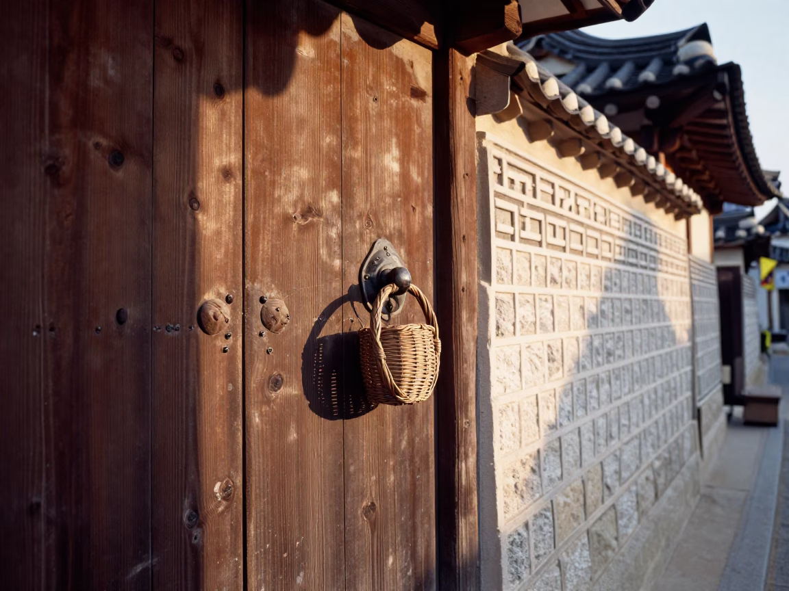 Morning light hits a traditional hanok gate handle in Seoul South Korea in in Seoul, South Korea