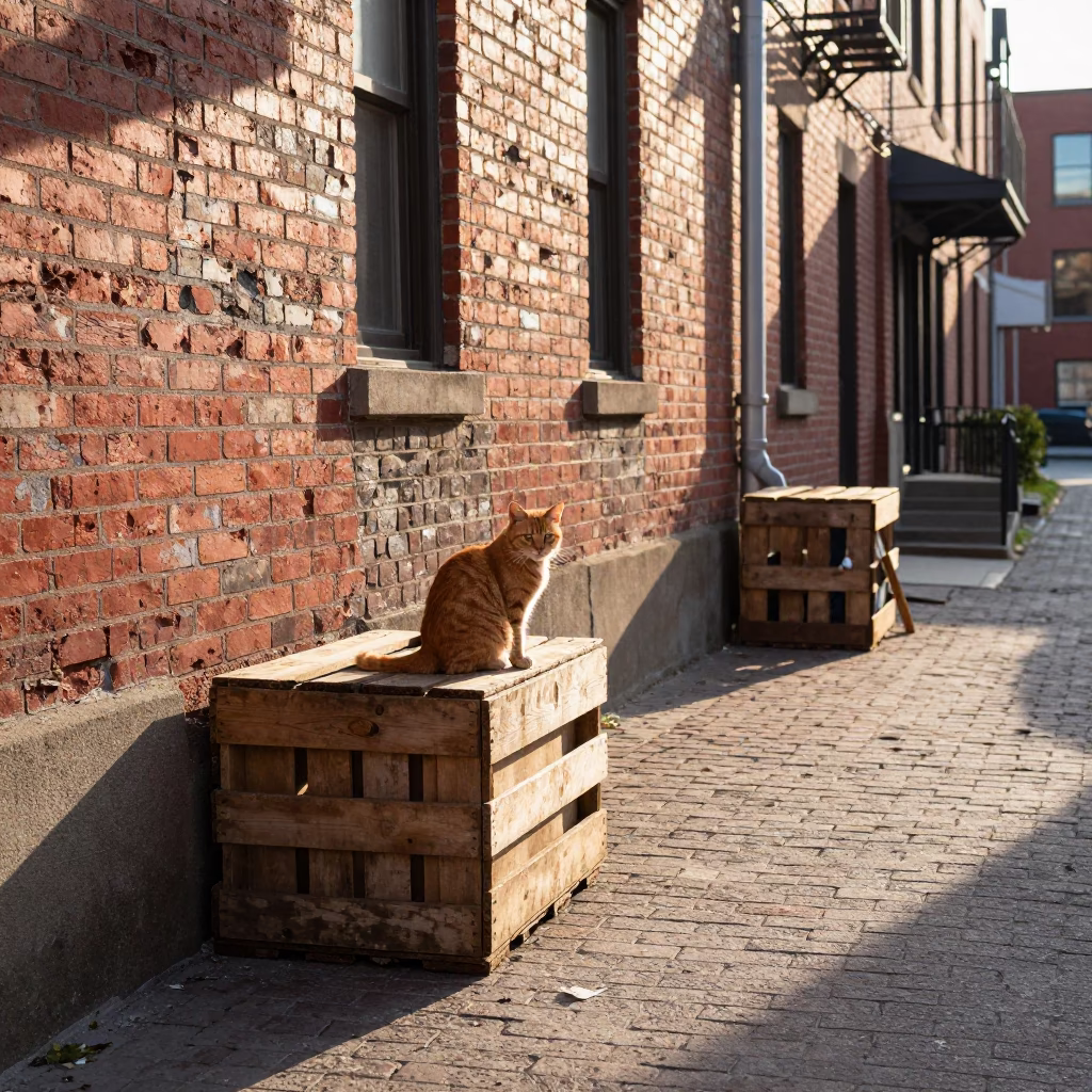 Morning light hits brick alleyway near St Lawrence Market with stray cat in in Toronto, Ontario, Canada