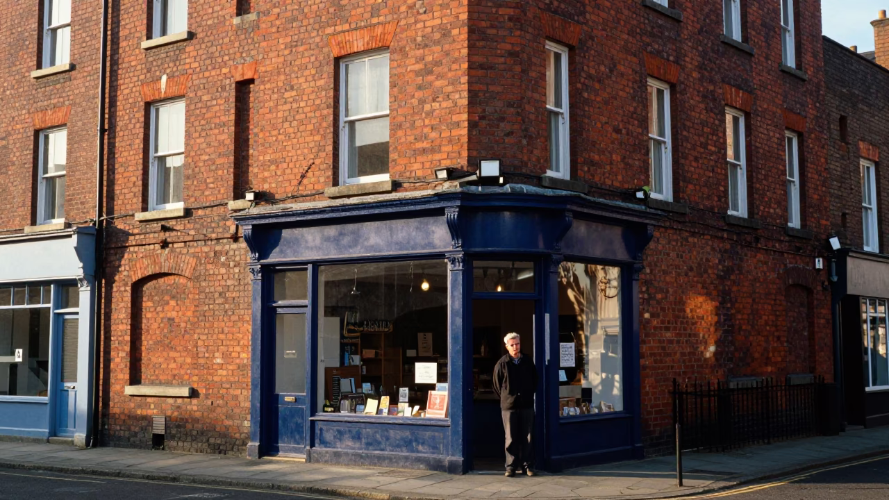 Morning Light Hits Brickwork and Shopkeeper in Liverpool Street Corner in in Liverpool, United Kingdom