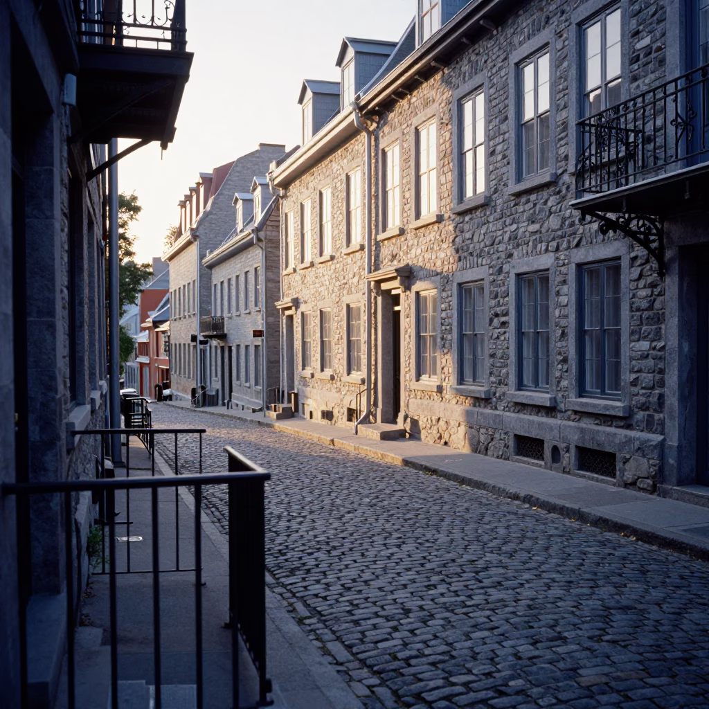 Morning Light Hits Cobblestone Street Near Quebec City Historic District in in Quebec City, Quebec, Canada
