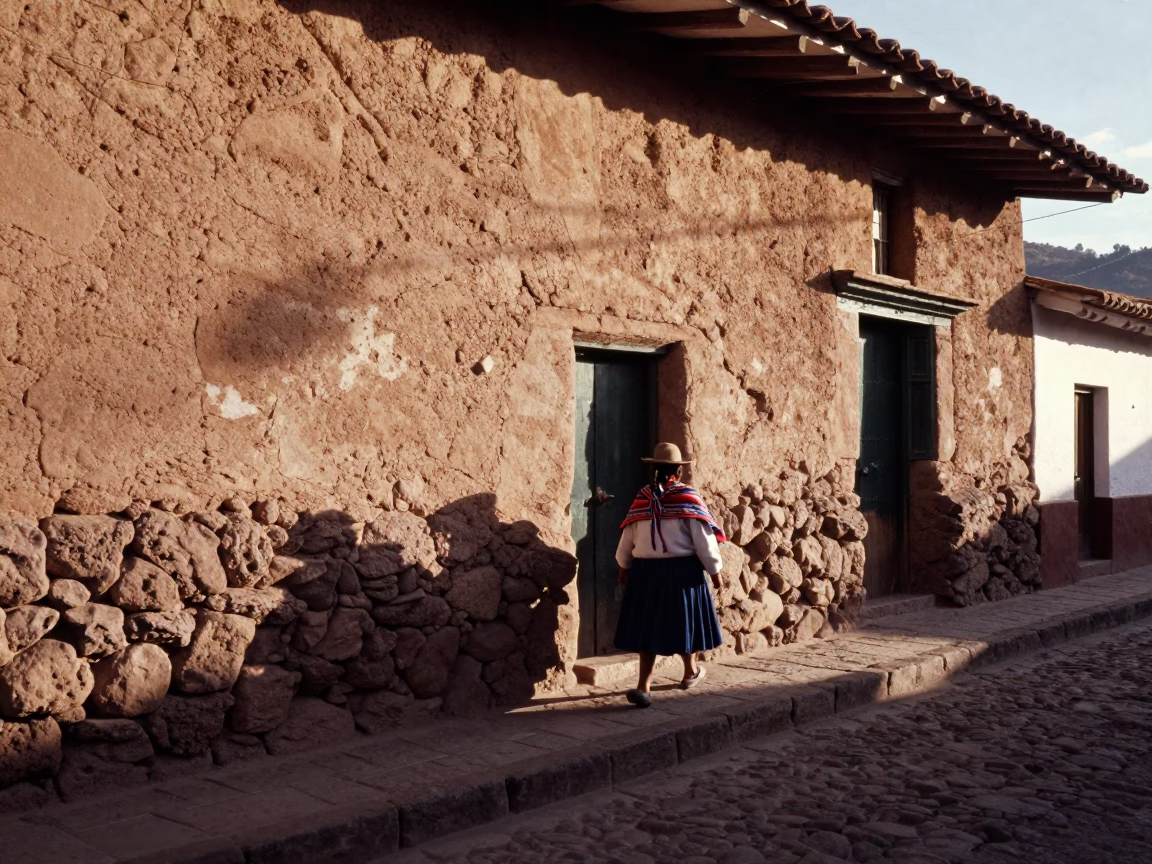 Morning light hits weathered adobe walls in Cusco Peru street scene in in Cusco, Peru