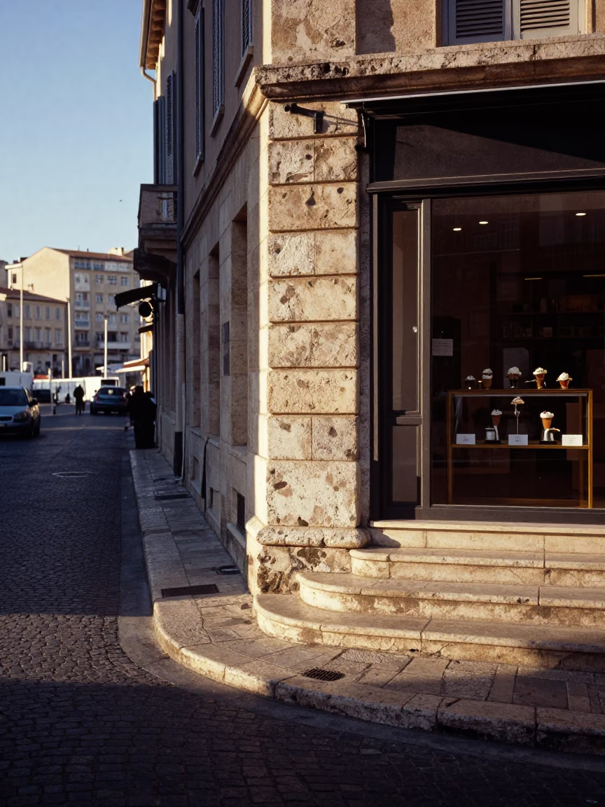 Morning light hitting Marseille stone steps and street corner with local architecture in in Marseille, France