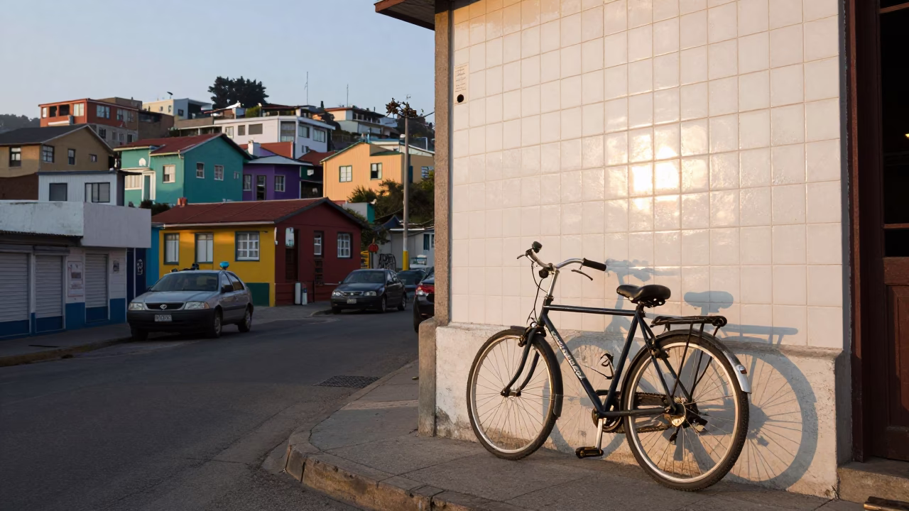 Morning light illuminates a bicycle parked against a bakery in Valparaiso Chile in in Valparaiso, Chile