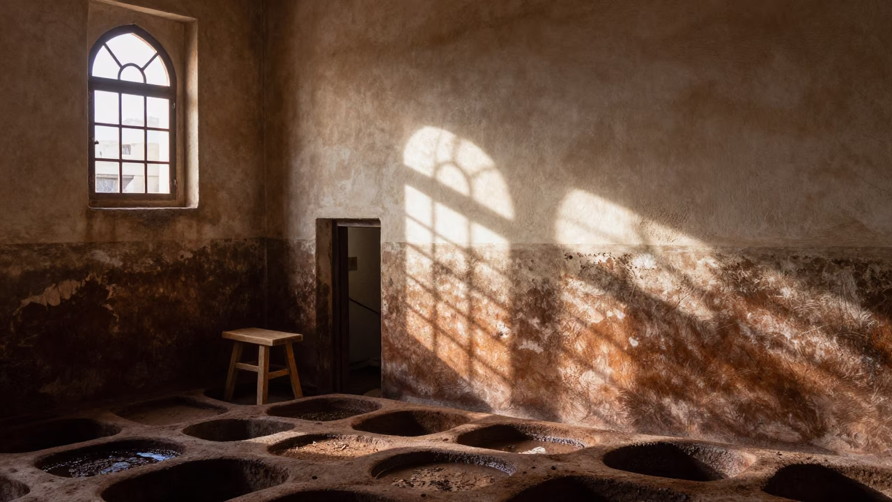 Morning light illuminates artisan workshop interior in Fez Morocco in in Fez, Morocco