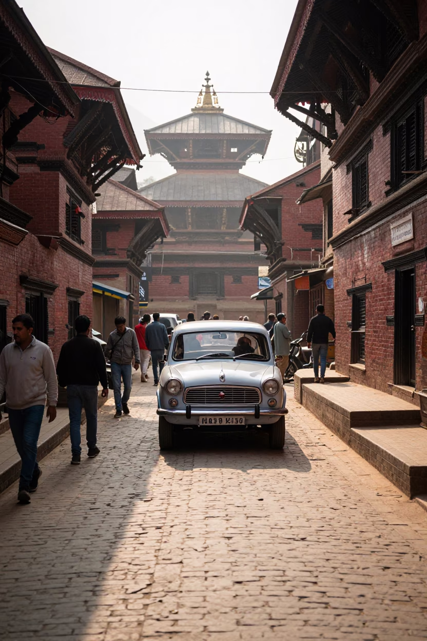 Morning light illuminates bustling Kathmandu street with vintage car rally and construction rebar in in Kathmandu, Nepal
