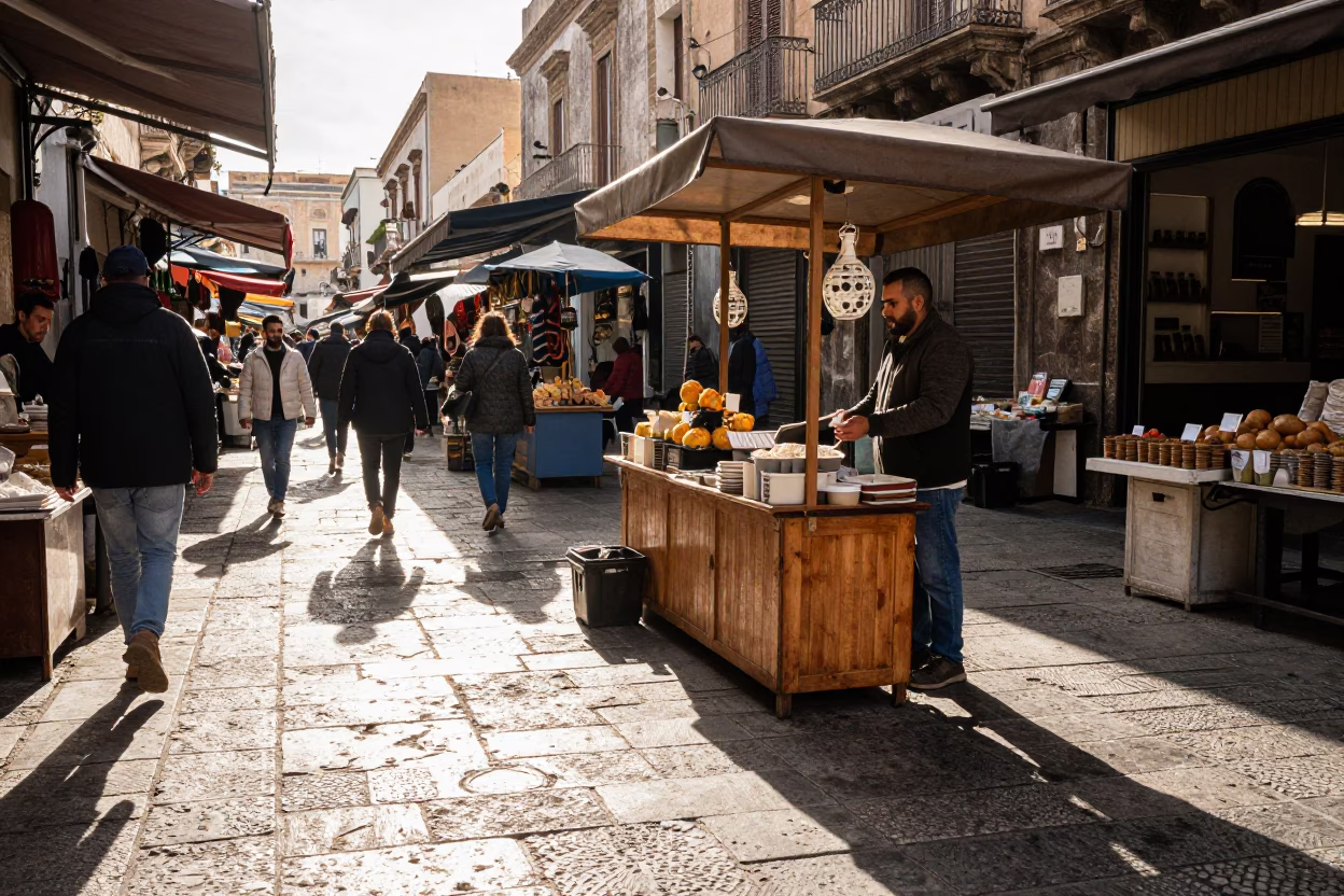 Morning light illuminates bustling Palermo street market with vendor and wicker shadow in in Palermo, Italy
