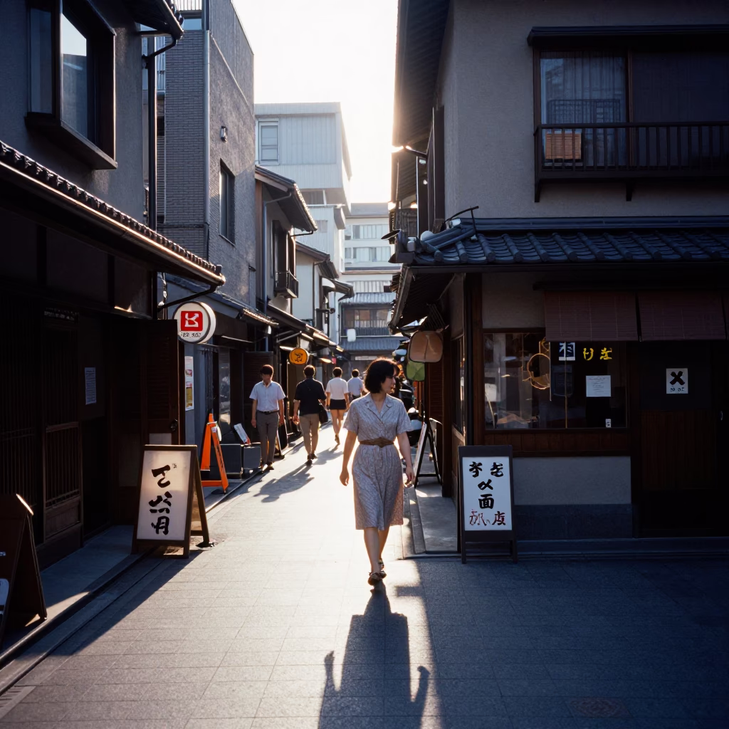 Morning light illuminates bustling Tokyo street scene with traditional architecture and pedestrians in in Tokyo, Japan