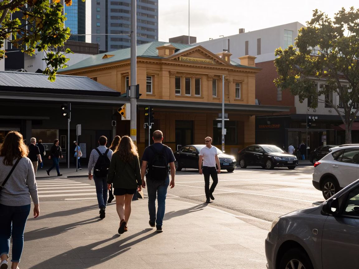 Morning light illuminates busy Adelaide CBD street scene with commuters and local architecture in in Adelaide, South Australia, Australia