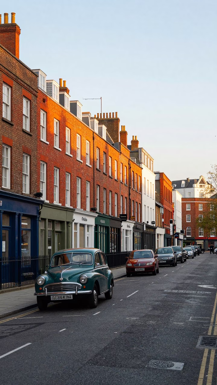 Morning Light Illuminates Busy Bristol Street Scene with Vintage Cars and Pedestrians in in Bristol, United Kingdom
