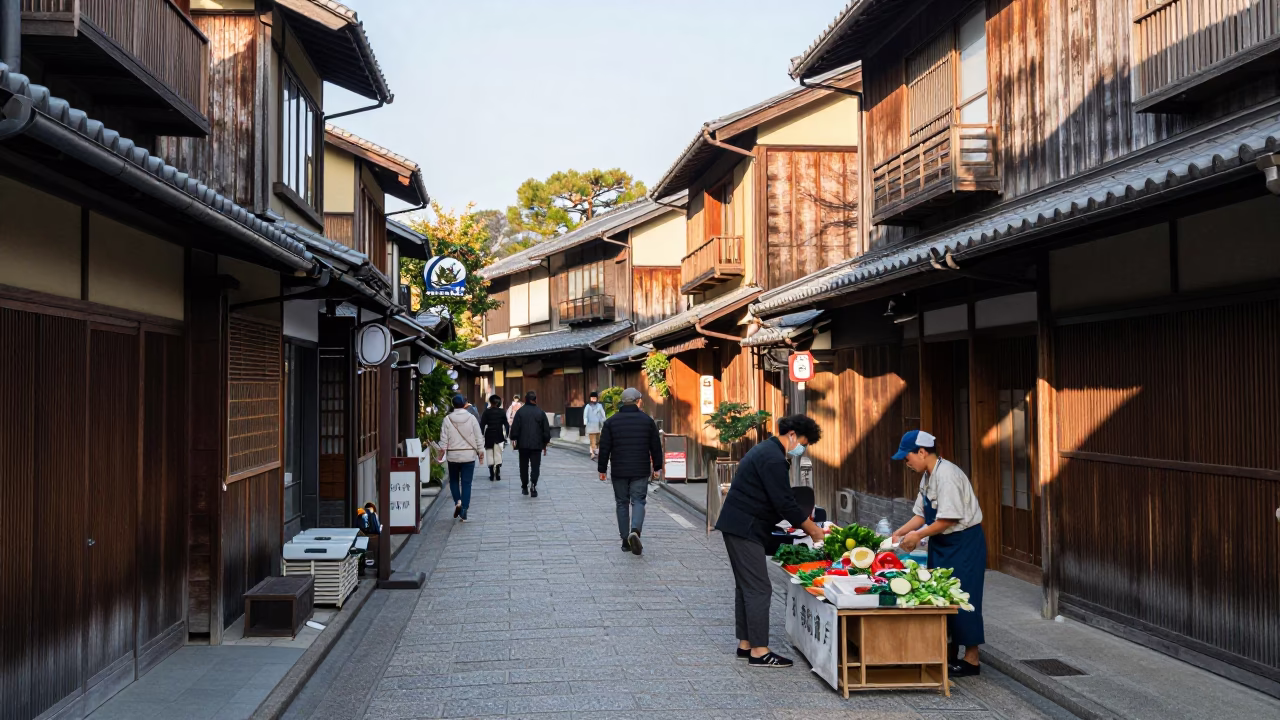 Morning light illuminates busy Kyoto street scene with traditional architecture and local life in in Kyoto, Japan