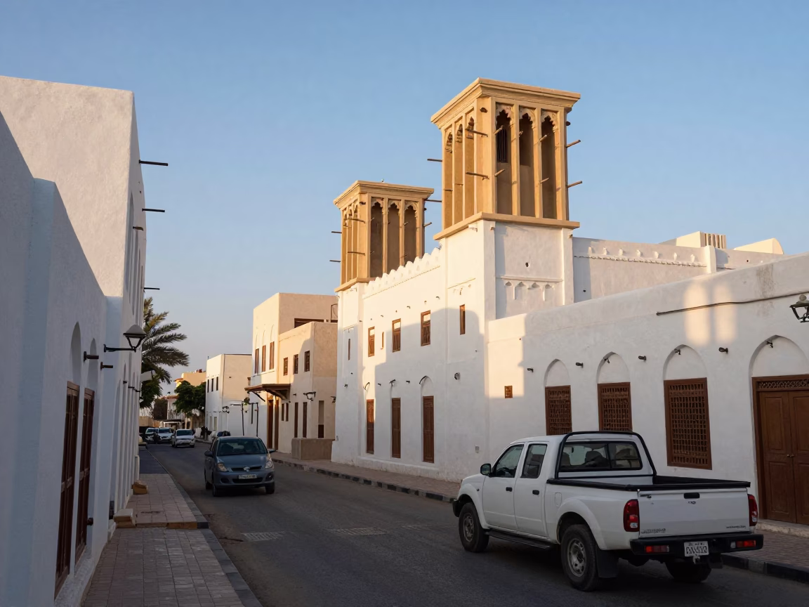 Morning Light Illuminates Busy Muscat Street with Traditional Architecture and Local Traffic in in Muscat, Oman