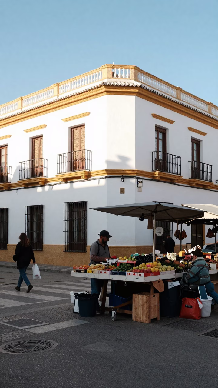 Morning Light Illuminates Busy Seville Street Corner Market Scene in in Seville, Spain