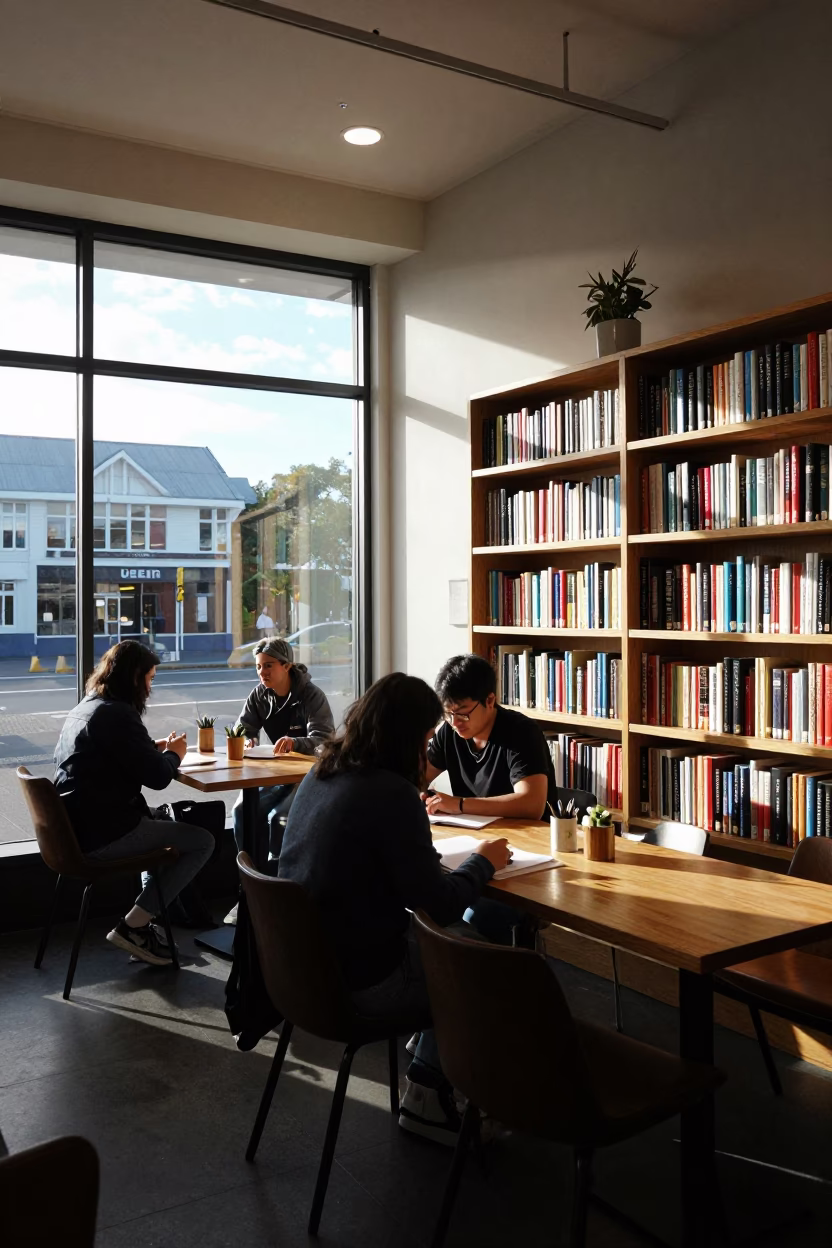 Morning Light Illuminates Christchurch Cafe Interior with University Bookshelf and Tea Canister in in Christchurch, New Zealand
