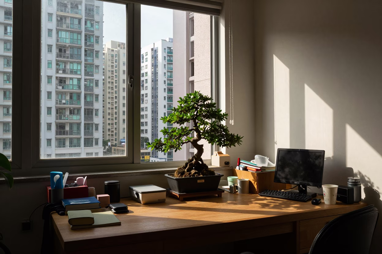 Morning Light Illuminates Cluttered Hong Kong Apartment Interior with Bonsai and Model Ship in in Hong Kong, Hong Kong