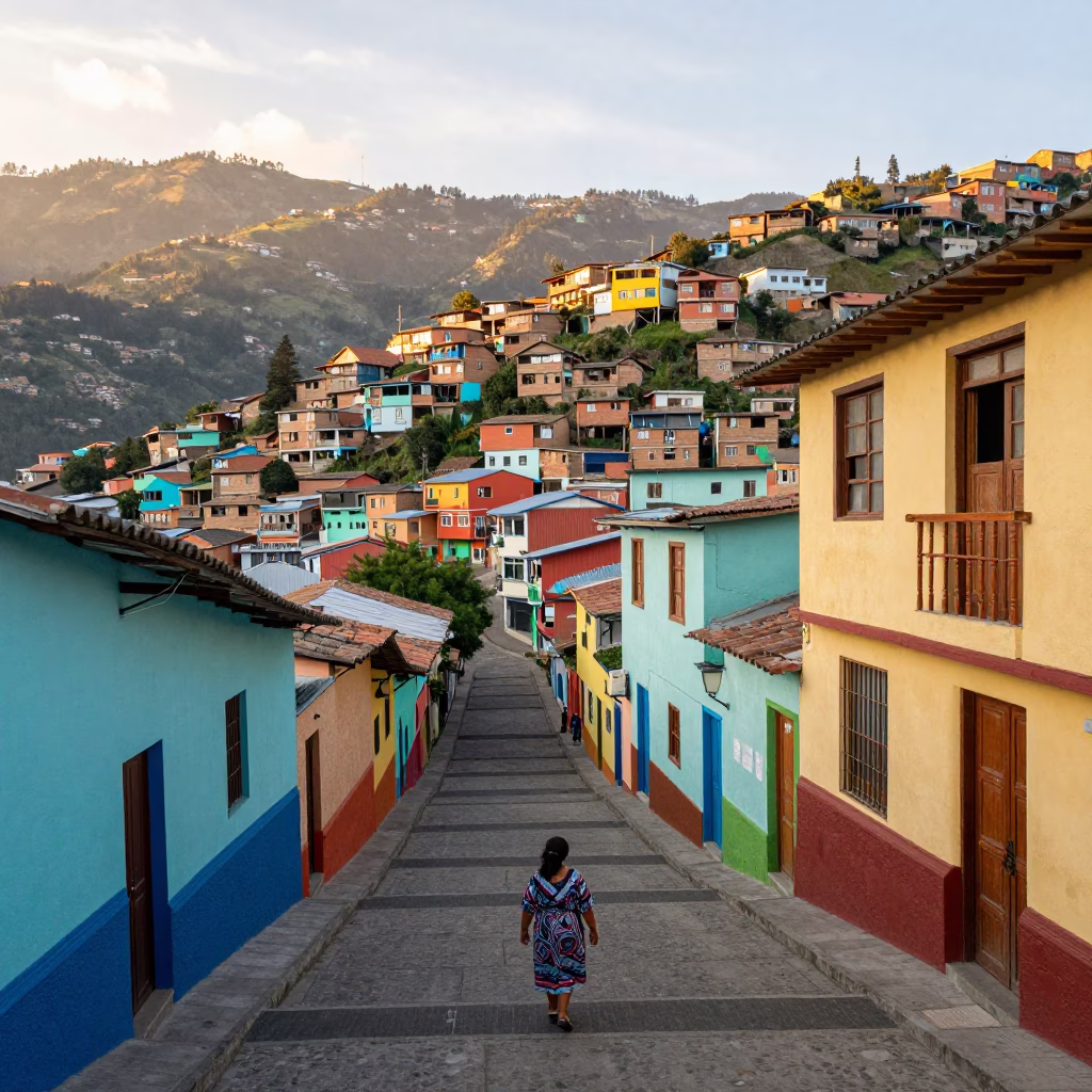 Morning light illuminates colorful Andes architecture and street life in Medellin Colombia in in Medellin, Colombia