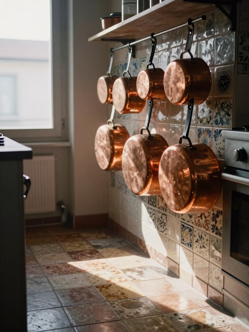Morning Light Illuminates Copper Pots and Ceramic Tiles in Milan Kitchen in in Milan, Italy