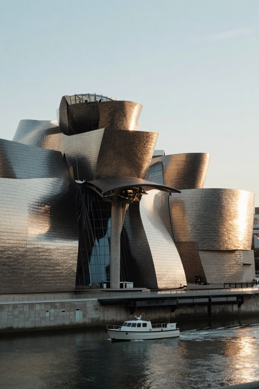 Morning light illuminates Guggenheim Bilbao titanium curves and Nervion River reflections in in Bilbao, Spain