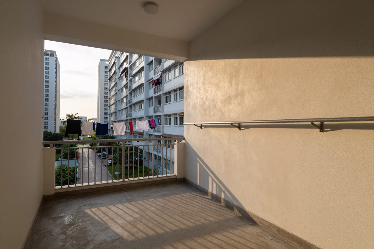 Morning Light Illuminates HDB Corridor with Hanging Laundry and Greenery in Singapore in in Singapore, Singapore