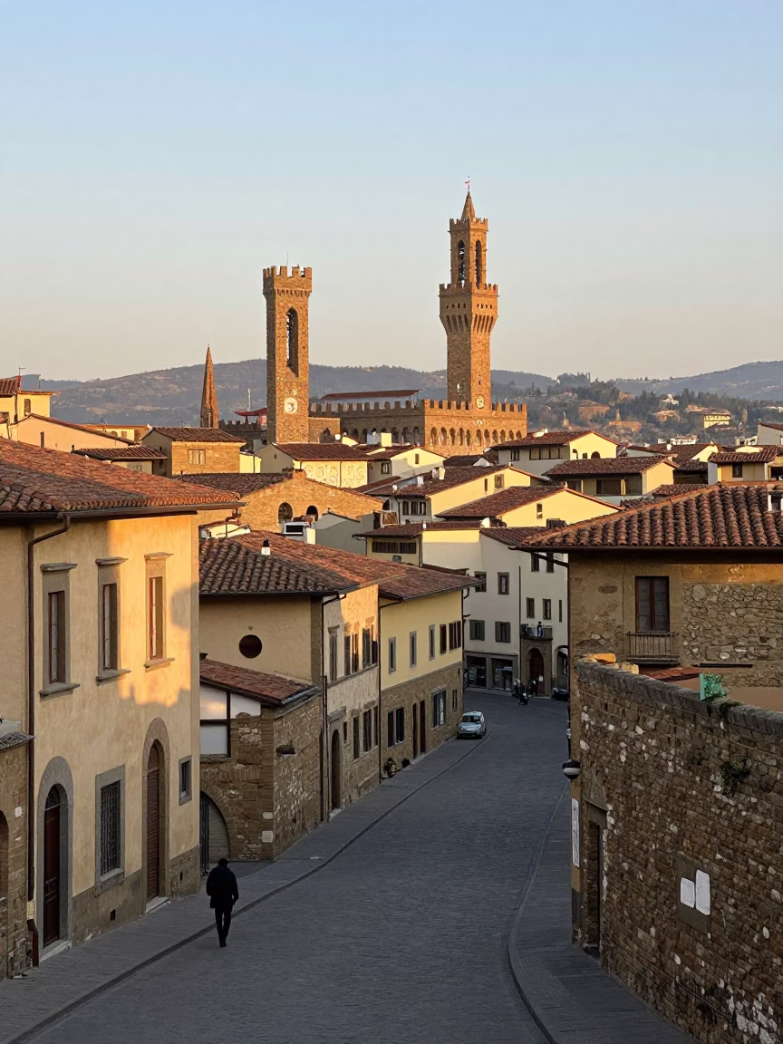 Morning light illuminates historic Tuscan architecture and street life in Florence Italy in in Florence, Italy