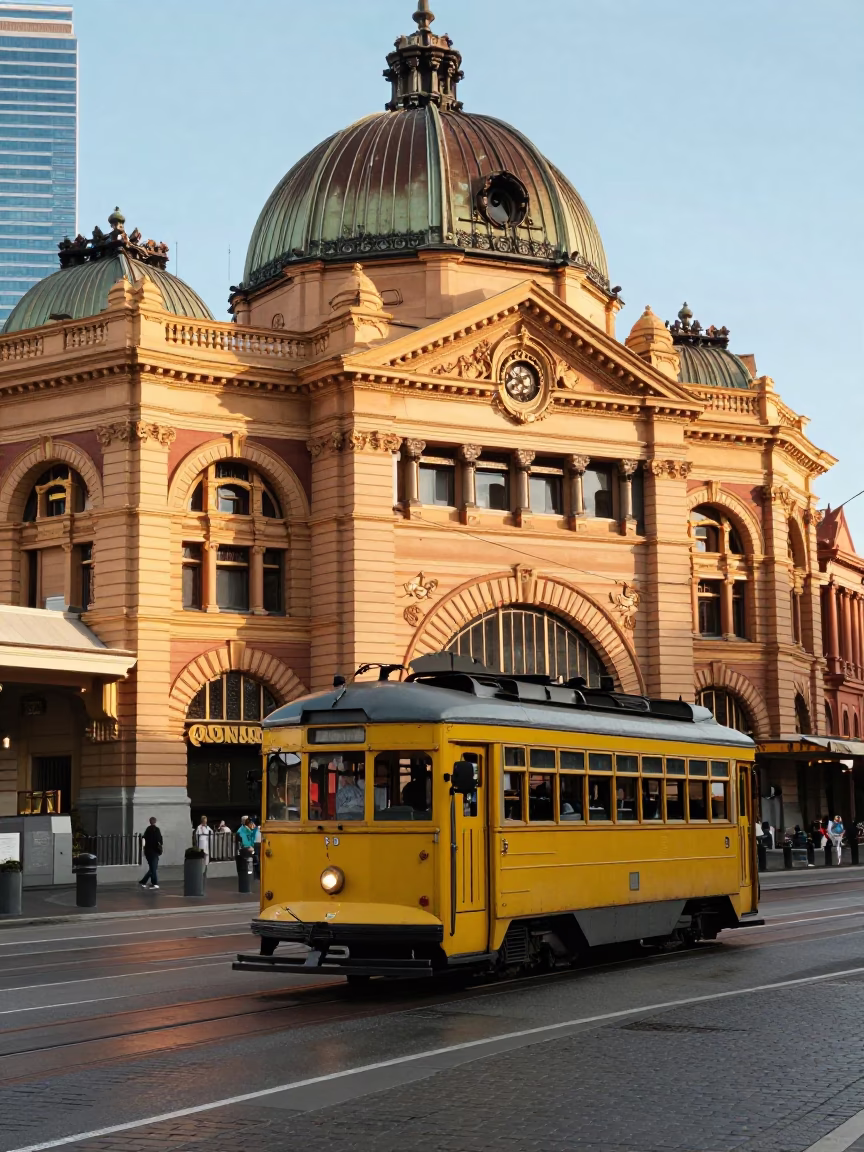 Morning light illuminates historic Victorian architecture and tram tracks in Melbourne Victoria Australia in in Melbourne, Victoria, Australia