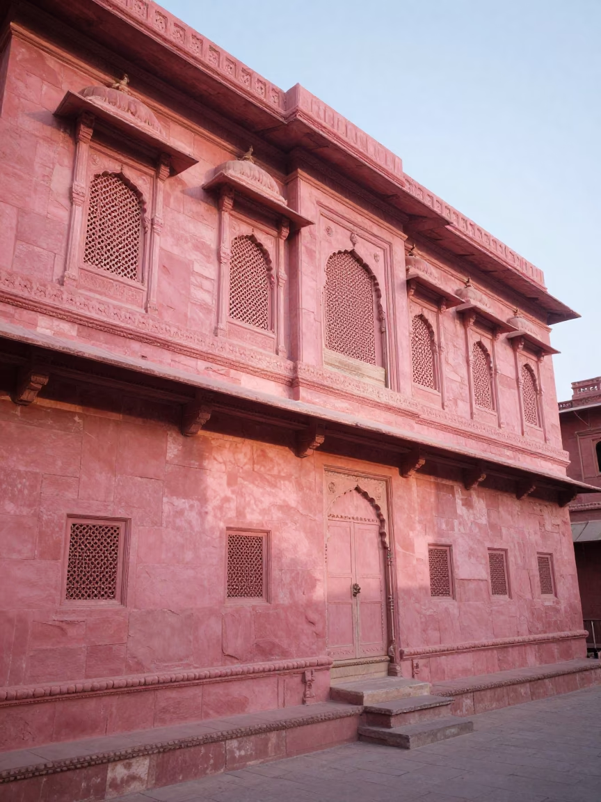 Morning light illuminates Jaipur pink sandstone architecture with local street details in in Jaipur, India