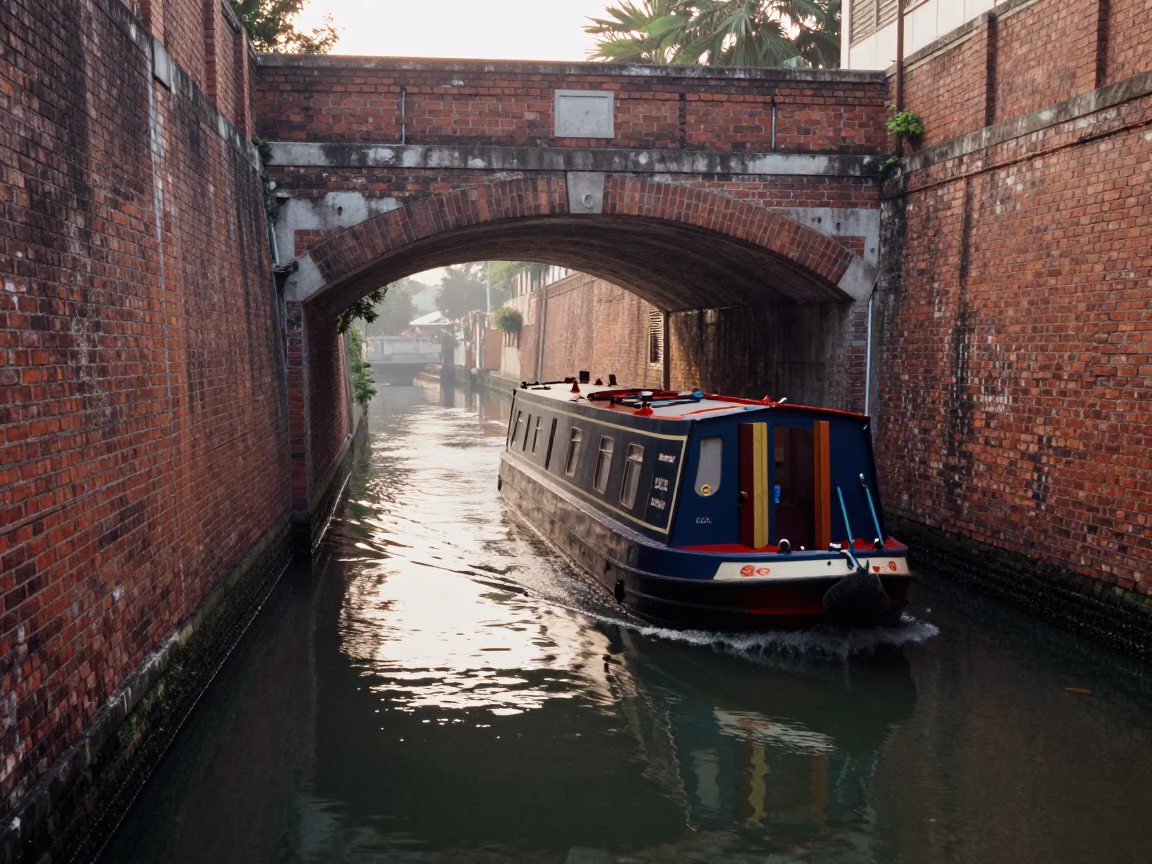 Morning light illuminates narrowboat passing through brick canal tunnel in Singapore in in Singapore, Singapore