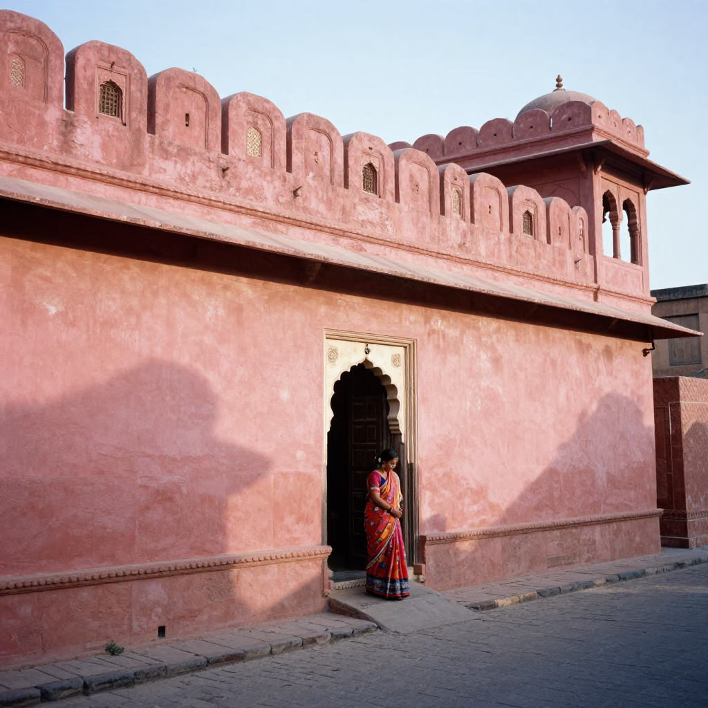 Morning light illuminates pink sandstone architecture and street life in Jaipur India in in Jaipur, India