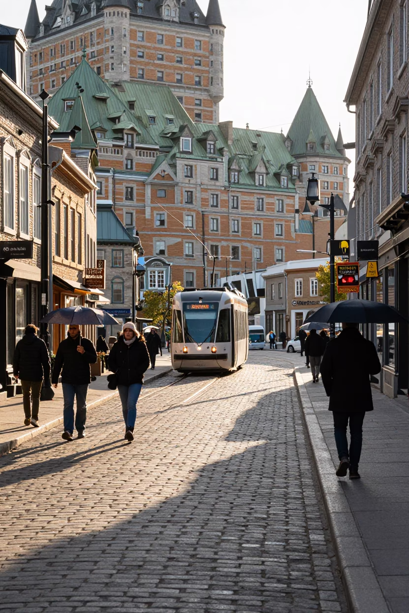 Morning light illuminates Quebec City stone streets with tram and historic architecture in in Quebec City, Quebec, Canada